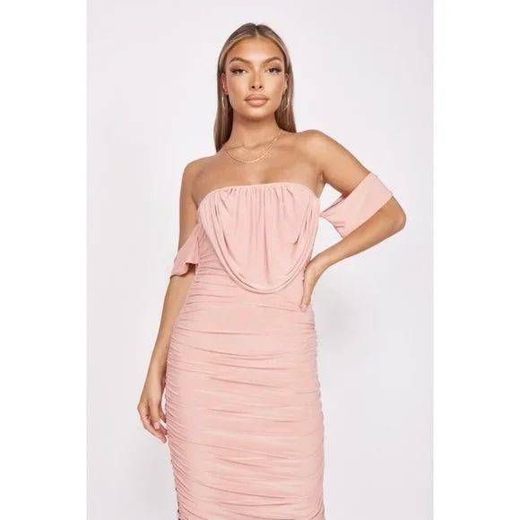 Pink Short Sleeve Off Shoulder Ruched Bodycon Midi Dress - Picture 7 of 14